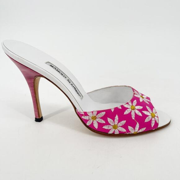 Manolo Blahnik Vintage y2k Pink White Daisy Floral Open Toe Mule Sandal IT 38 - Picture 3 of 13